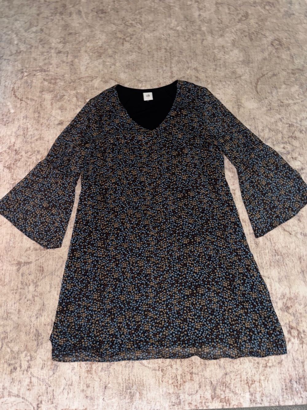 CAbi Black V-Neck Floral Swing Dress with Blue and Tan Dots
